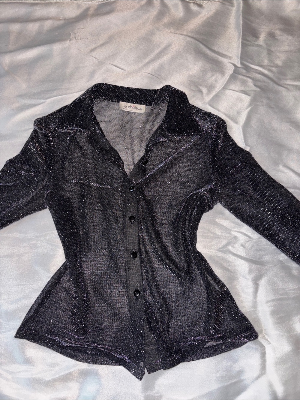 le chateau Black Sheer Sparkle Button-Up Blazer